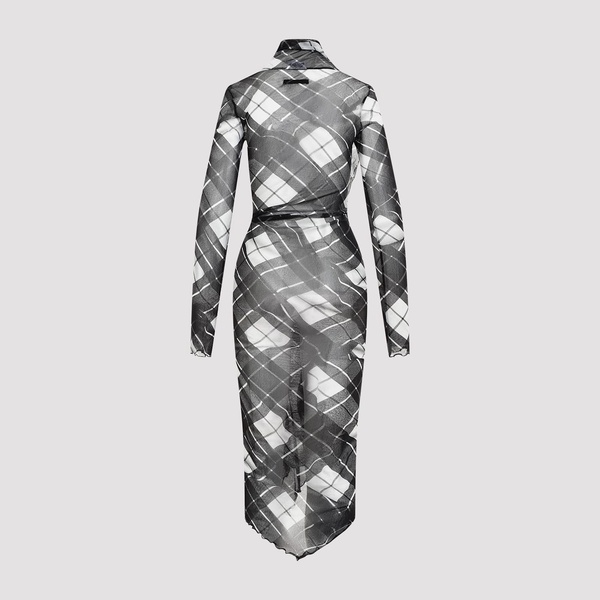 Mesh Draped Printed "distorten Tartan" Long Dress