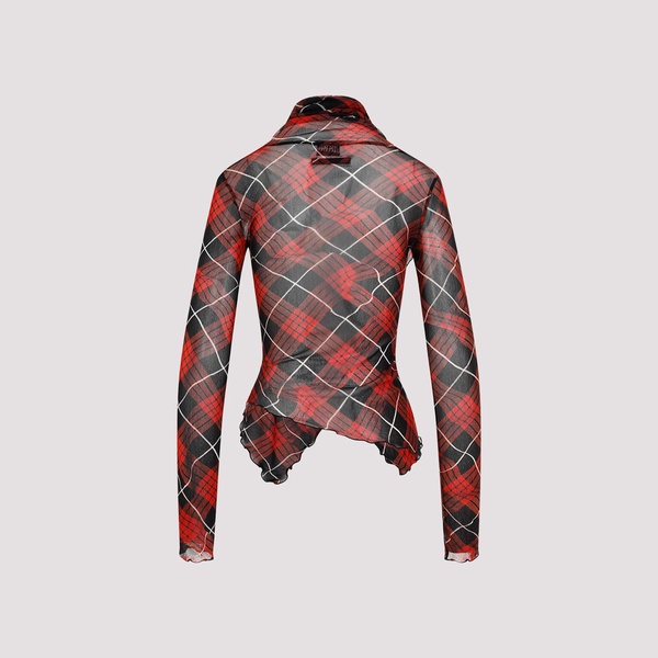 Mesh Draped Long Sleeves Printed "distorted Tartan" Top