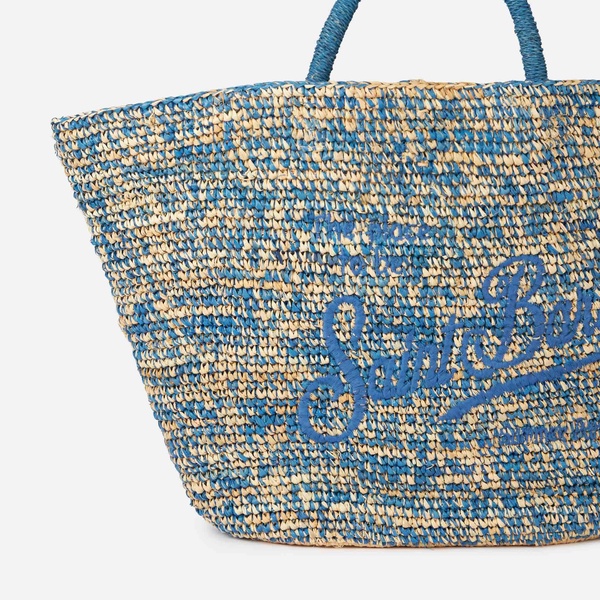 Raffia Blue And White Bag With Front Embroidery