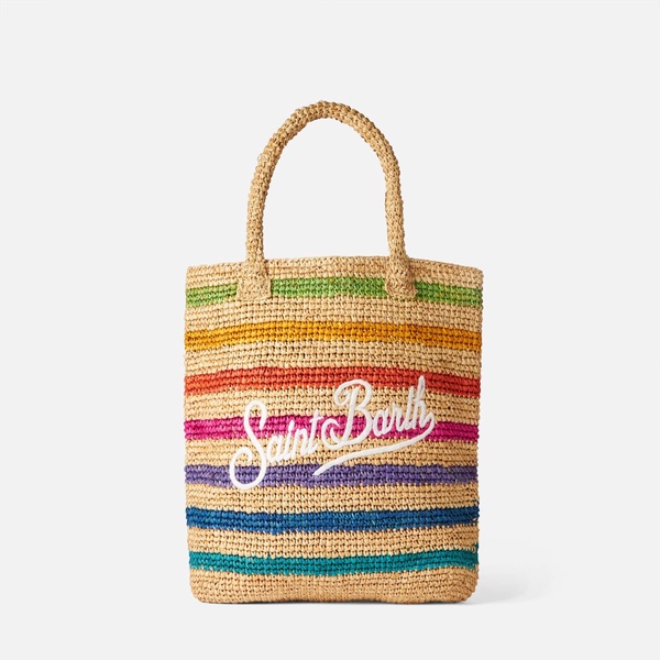 Raffia Bucket Bag With Multicolor Stripes And Embroidery