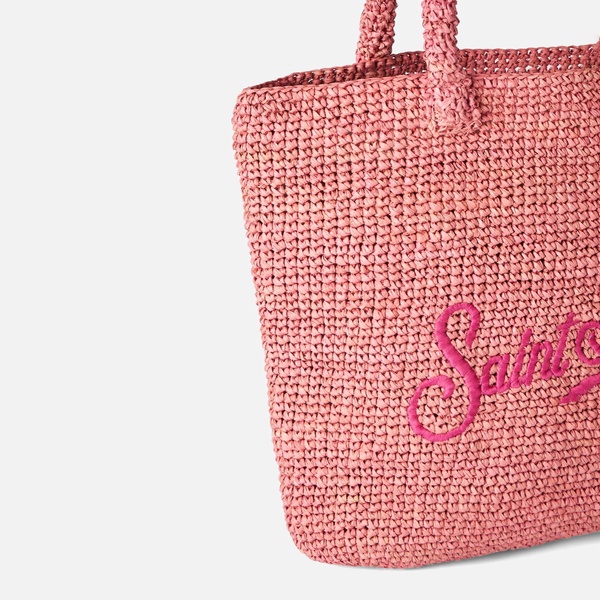 Raffia Bucket Pink Bag With Embroidery