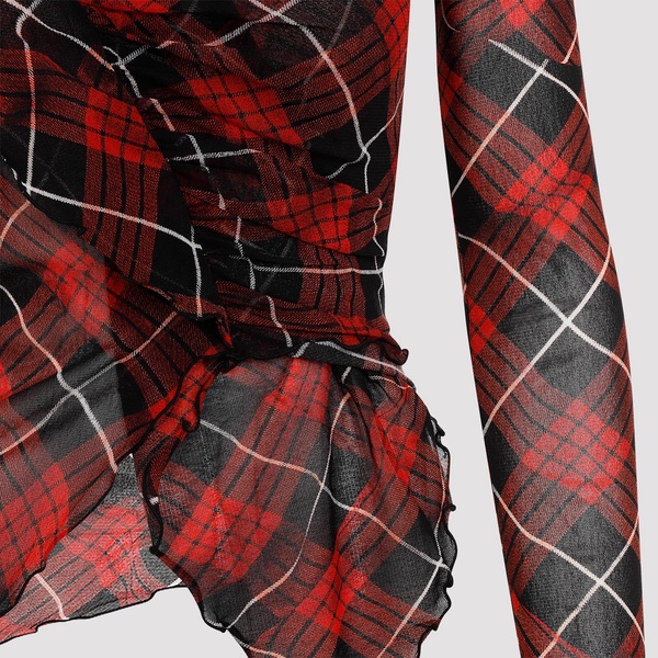 Mesh Draped Long Sleeves Printed "distorted Tartan" Top