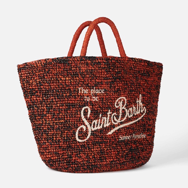 Raffia Black And Orange Bag With Front Embroidery