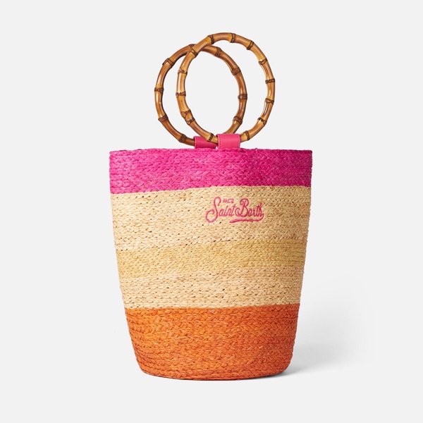 Raffia Multicolor Bucket Bag With Bamboo Handles