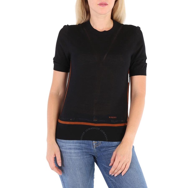 Burberry Ladies Black Short Sleeve Logo Intarsia Wool Silk Cashmere Top