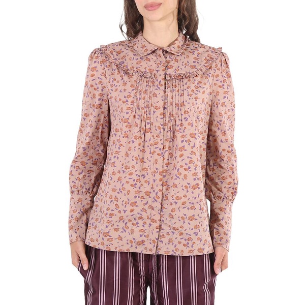 Burberry Ladies Ruffle Yoke Floral Print Cotton Shirt- Light Copper