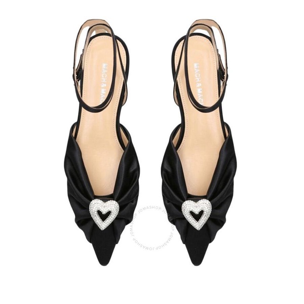 Mach & Mach Black Double Heart Satin Draped Flat Sandals