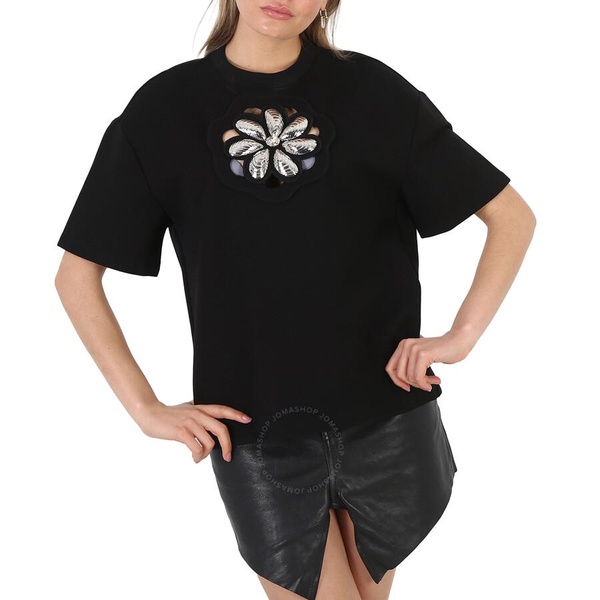 Area Black Mussel Flower Embellished Cutout Jersey T-Shirt