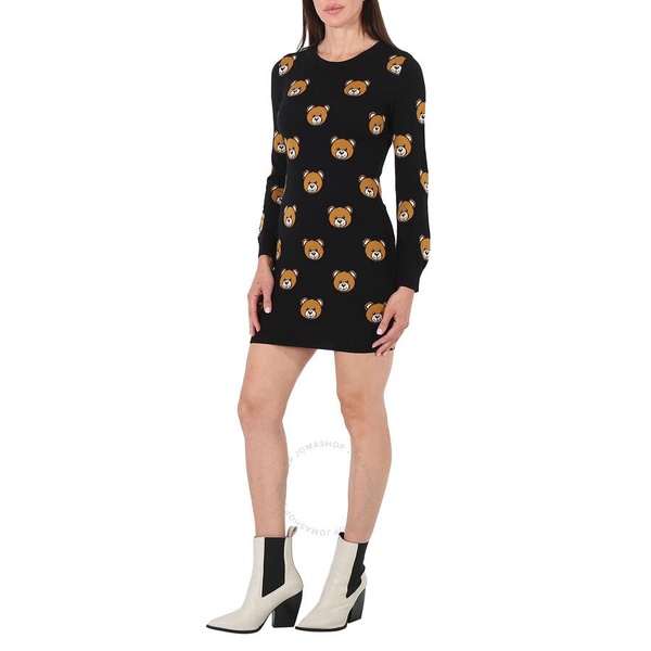 Moschino Ladies Fantasia Black Intarsia Teddy Wool Knit Mini Dress