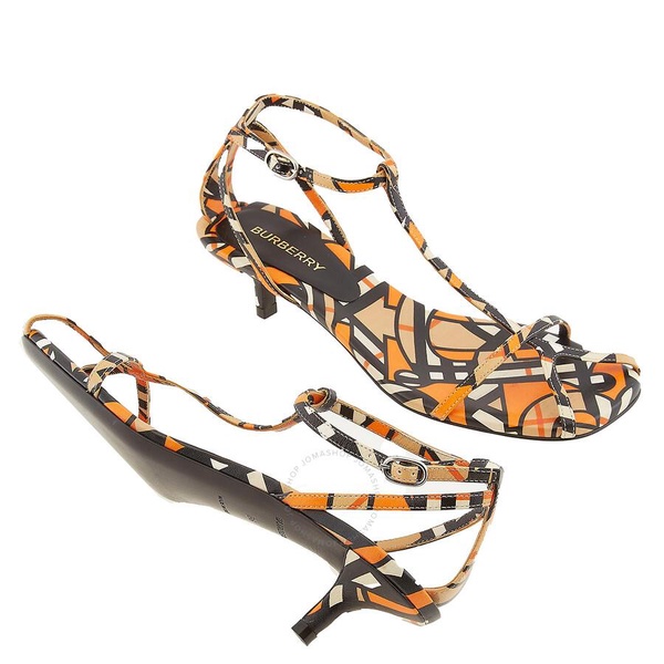 Burberry Ladies Black / Orange Lucy Kitten Heel Sandals