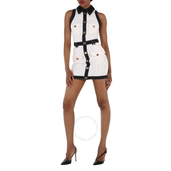 Balmain Ladies Monogram Bicolor Denim Utility Mini Dress - White/Black