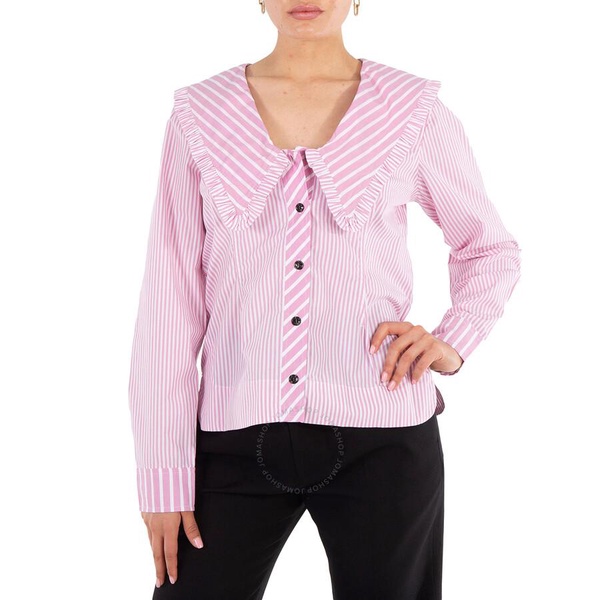 Ganni Ladies Ruffled Striped Organic Cotton-Poplin V-Neck Blouse