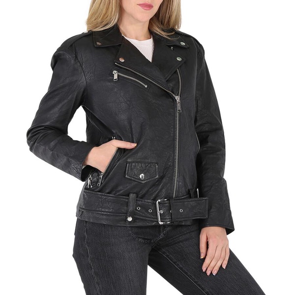 Michael Kors Ladies Crinkled Leather Moto Jacket in Black