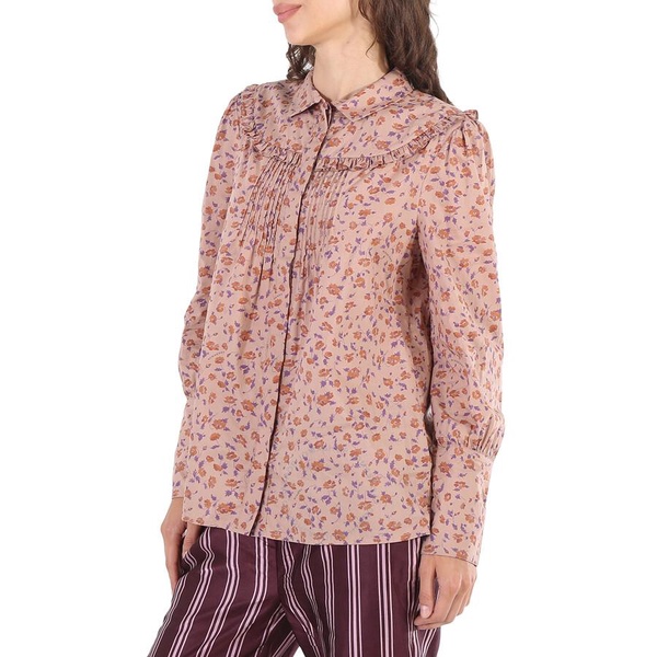 Burberry Ladies Ruffle Yoke Floral Print Cotton Shirt- Light Copper