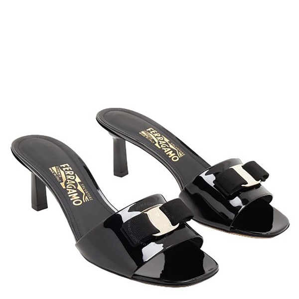 Salvatore Ferragamo Ladies Black Patent Calfskin Vara Bow Slide Sandals