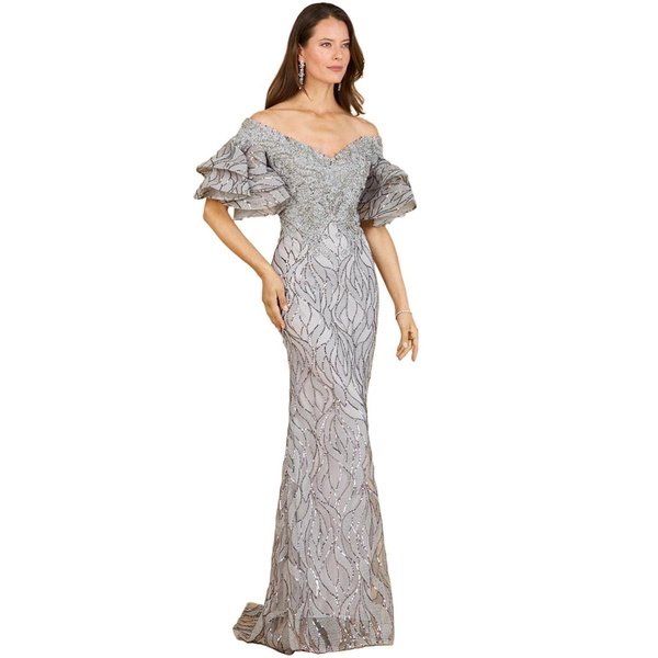 Women's Off shoulder mermaid beaded gown with tiered sleeves