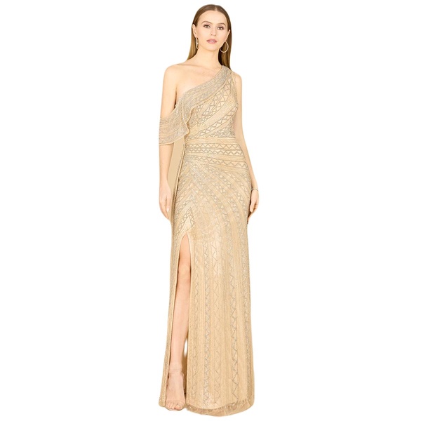 Women's Beaded One Shoulder Dress with Train