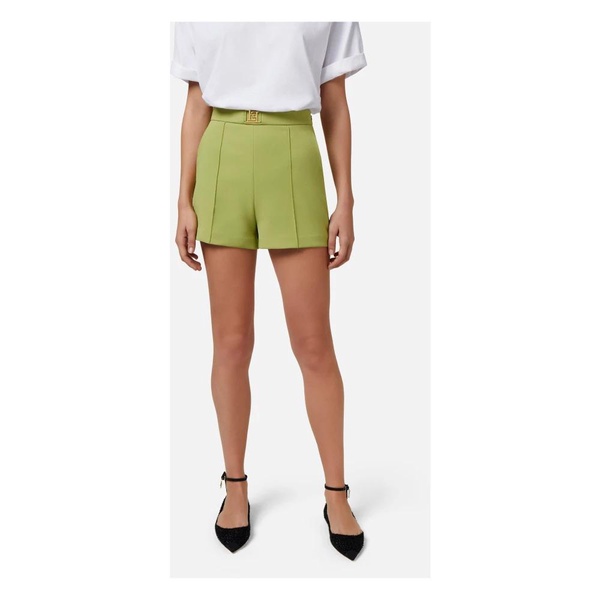 High-waisted Stretch Crepe Shorts with Gold Metal Logo Plate