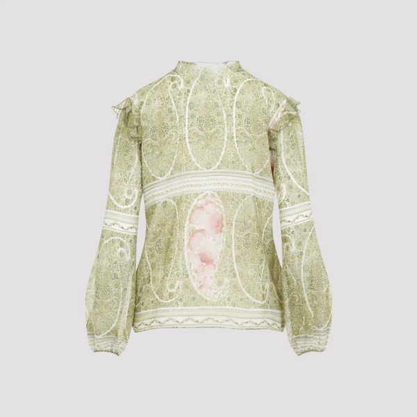 Green Rose Print Silk Blouse