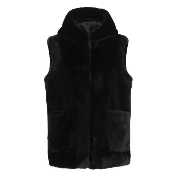 Black Synthetic Fur Hooded Sleeveless Coat