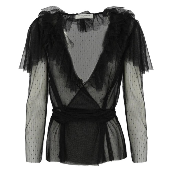 Black Tulle Shirt Long Sleeve V-Neck Ruffle Trim