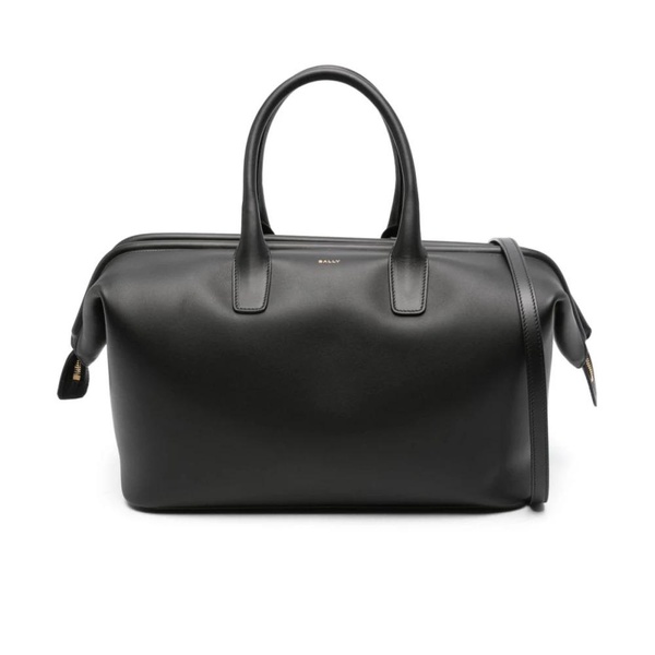 Black Leather Handbag with Logo Stamp