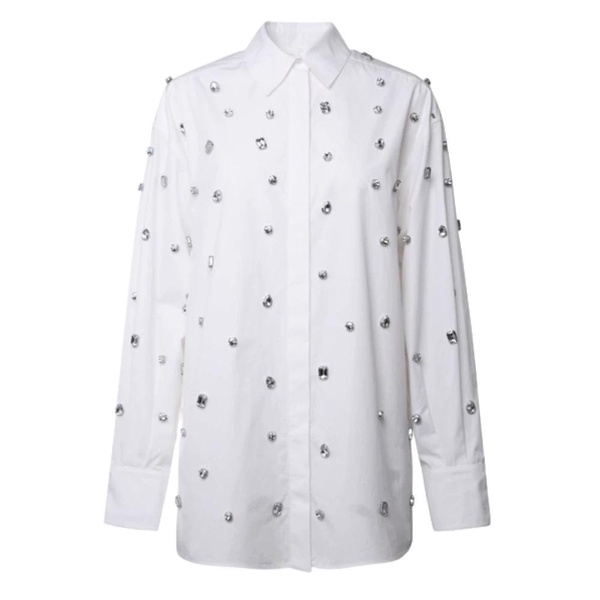 Oversized White Cotton Poplin Shirt with All Over Rhinestone Appliqué