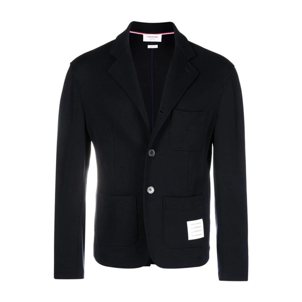 Navy Blue Wool Knit Jacket with Classic Lapel and Button Closure