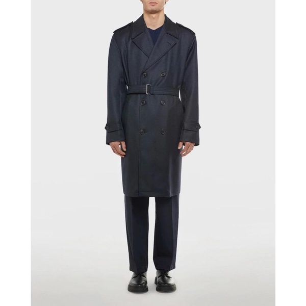 Blue Wool Gabardine Double-Breasted Trench Coat