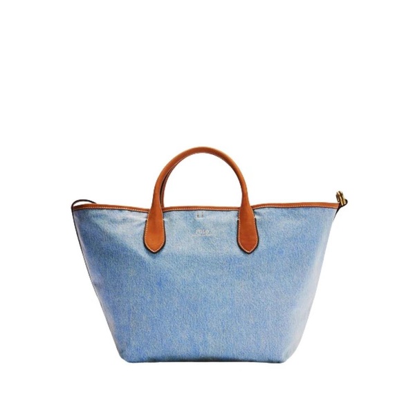 Bellport Small Tote Bag in Light Indigo Denim with Leather Trim