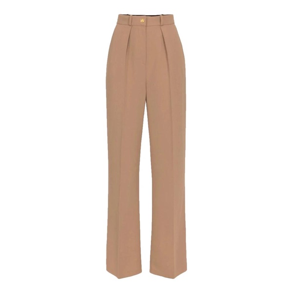 Brown Crêpe Straight Trousers with Golden Rivet