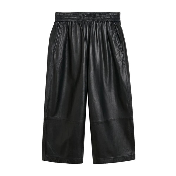 Black Leather Cropped Trousers with Pockets