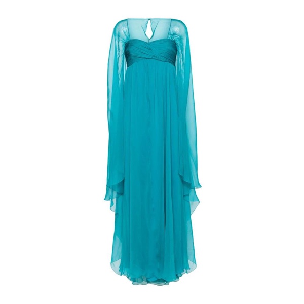 Turquoise Silk Chiffon Dress with Shoulder Shawl