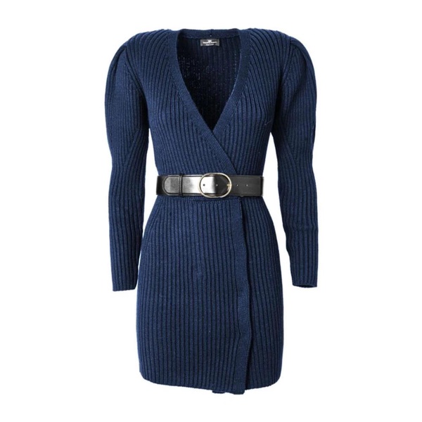 Blue Wool Knit Dress with Belt