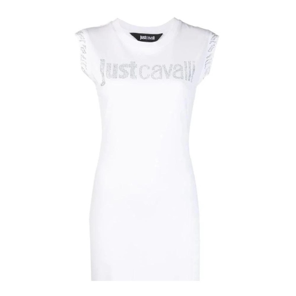 White Cotton Jersey Dress with Rhinestone Logo