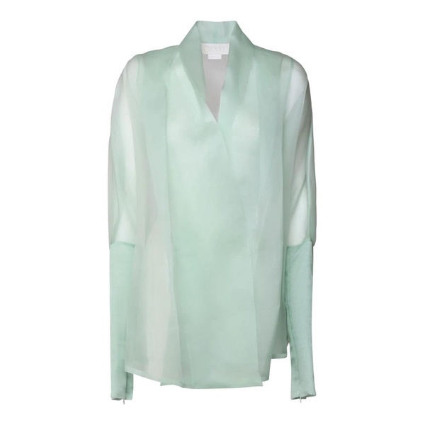 Jade V-Neck Blouse with Transparent Details