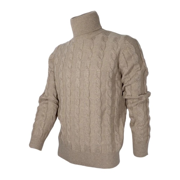 Men's Slim Fit Braided Turtleneck Camel