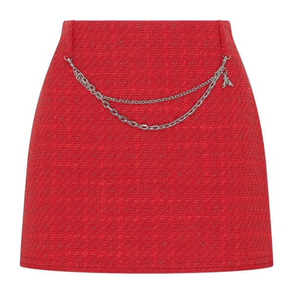 Red Tweed Mini Skirt with Removable Chain