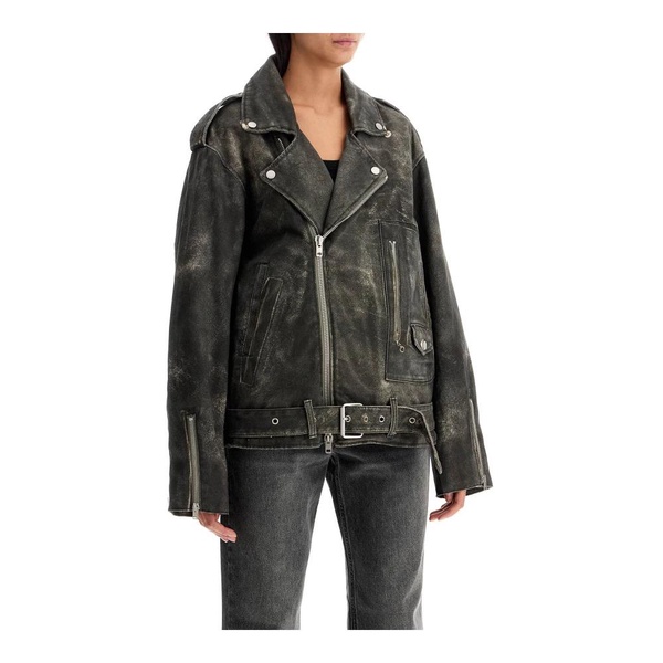 Faux Leather Biker Jacket with Unique Print