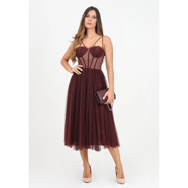 Bordeaux Tulle Midi Dress with Pleated Skirt