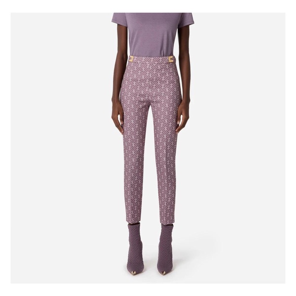 High-waisted Cigarette Trousers with All-Over Logo Print