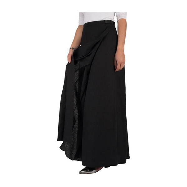 Elegant Black Linen Maxi Skirt with Pleats and Side Buttons