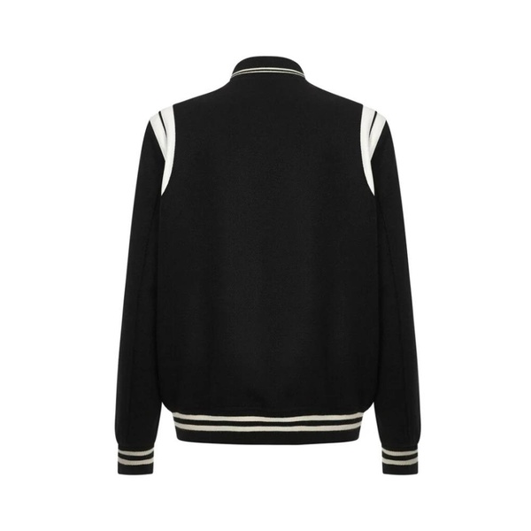 SAINT LAURENT Black Wool Bomber Jacket with Embroidered Design and Ribbed Detailing for Men