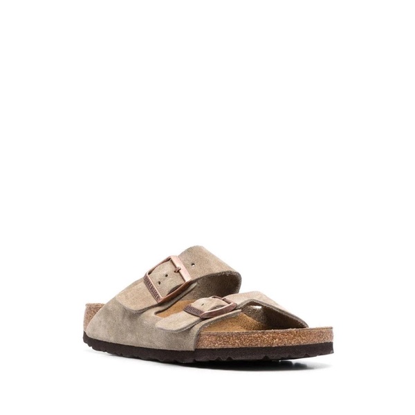 Taupe Suede Double Buckle Slide Sandals