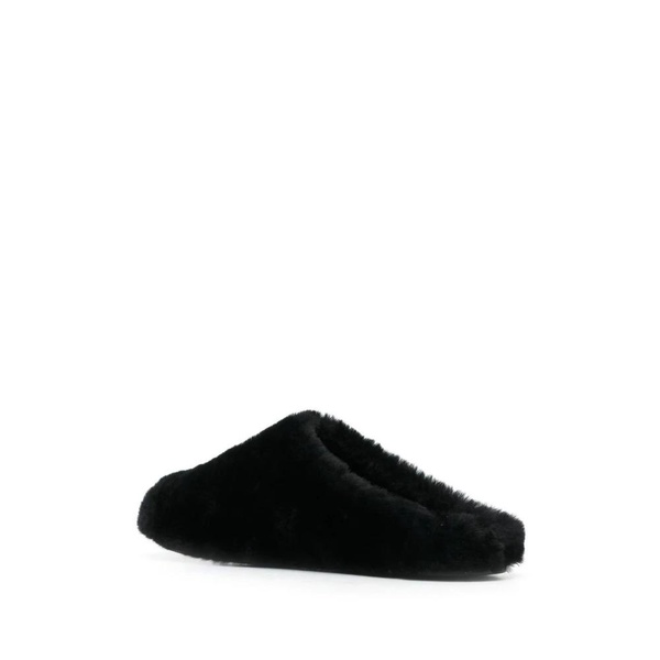 Black Shearling Slides with Logo Plaque