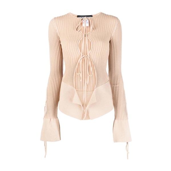 Ribbed Nude Sweater with Cut-Outs and Coordinated Ties