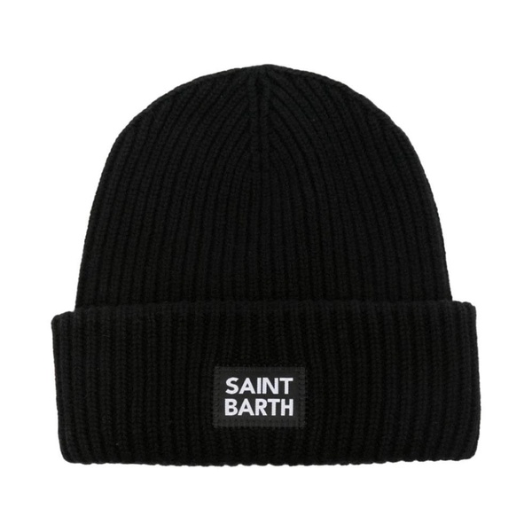 Black Ribbed Wool Beanie with Logo