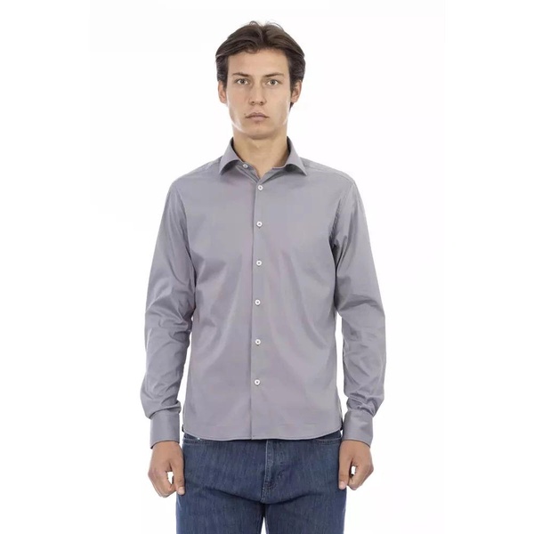 Gray Cotton Slim Shirt with Italian Collar