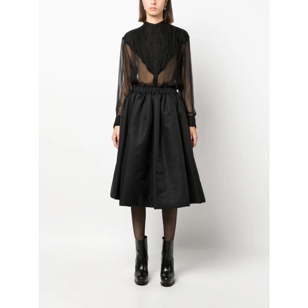 Black Silk Chiffon Boxy-Fit Shirt with Pleated Triangular Plastron