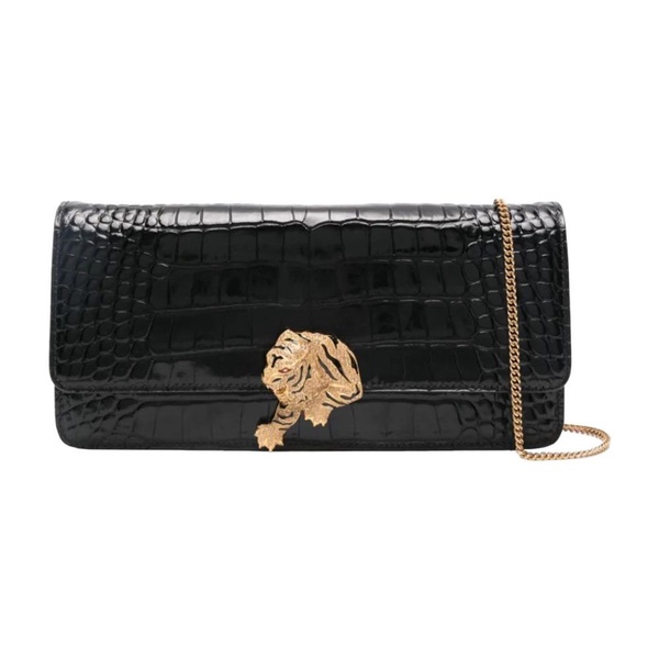 Black Croc-Embossed Shoulder Bag with Tigre Gioiello